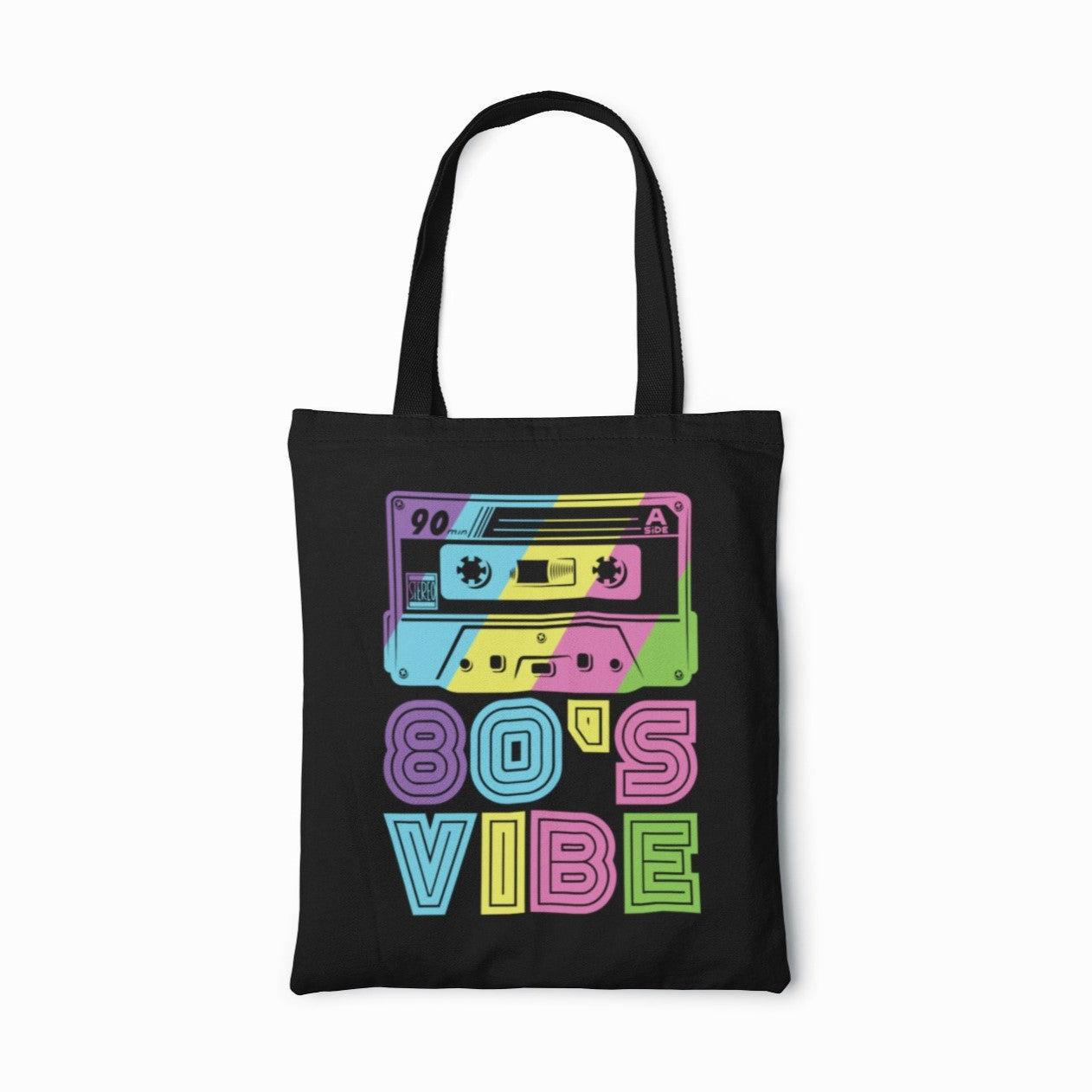 A black canvas tote bag with a colorful retro 80s cassette tape graphic and the text '80's VIBE' in neon-style colors, shown against a plain white background.