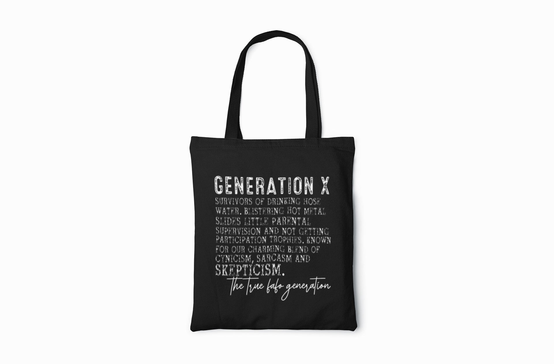 Black tote bag with white text on a white background