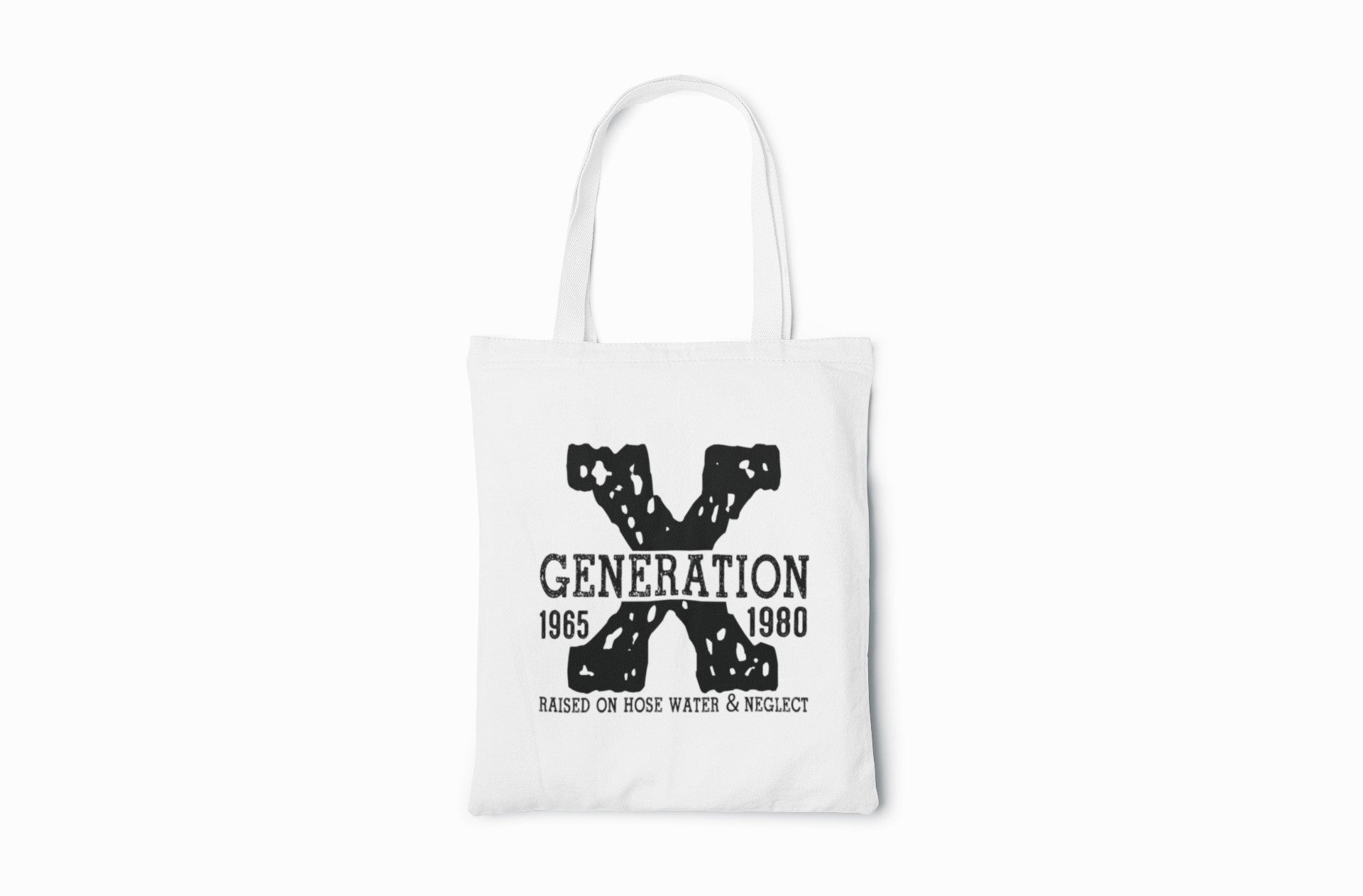 White tote bag with black graphic and text on a white background