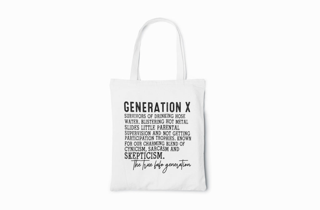 White tote bag with black text on a white background