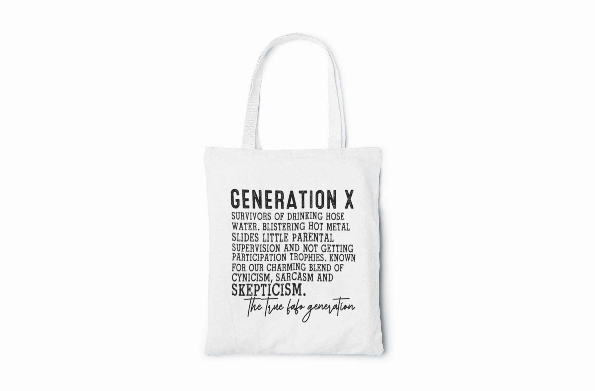 White tote bag with black text on a white background