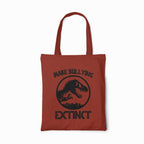 Red tote bag with a dinosaur graphic and text on a white background