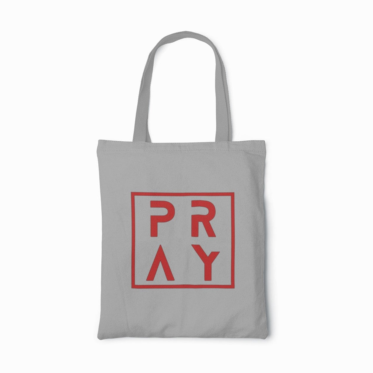 Gray tote bag with 'PRAY' printed in red on a white background