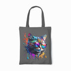 Tote bag with a colorful cat design wearing sunglasses on a white background