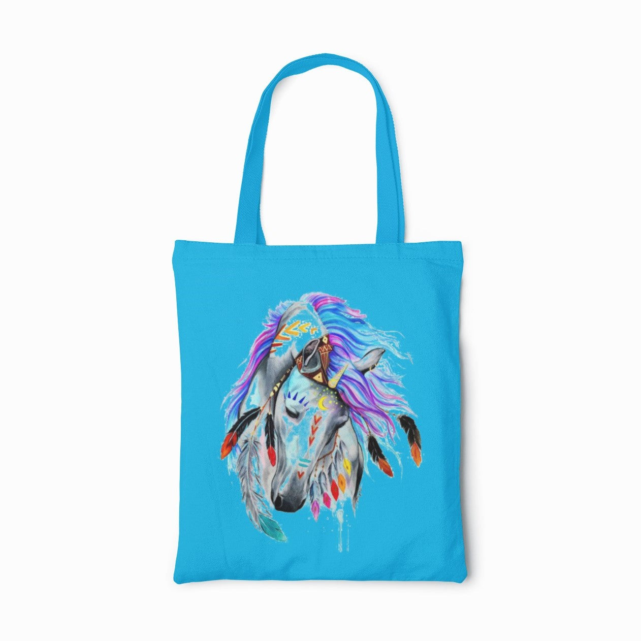 Blue tote bag with a colorful horse design on a white background