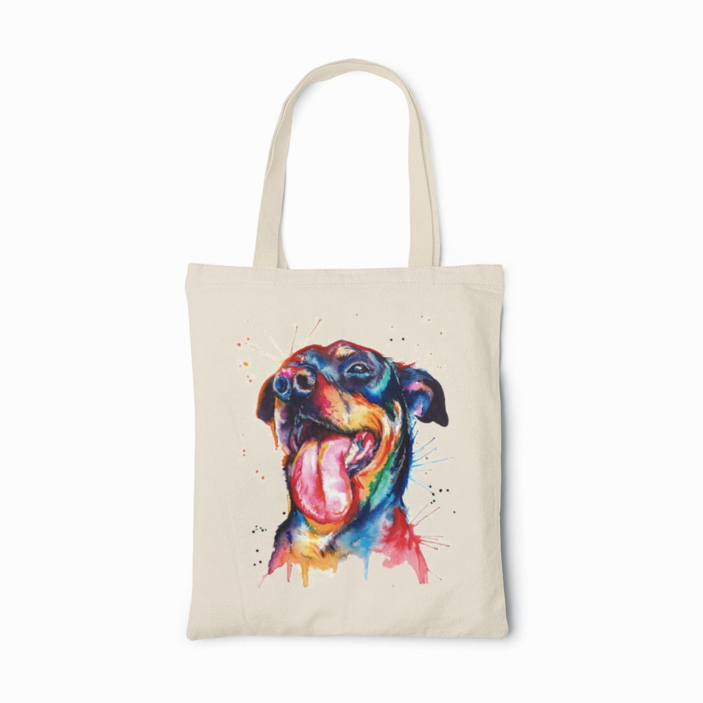 Tote bag with a colorful dog illustration on a white background