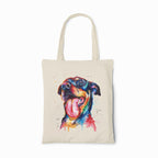 Tote bag with a colorful dog illustration on a white background
