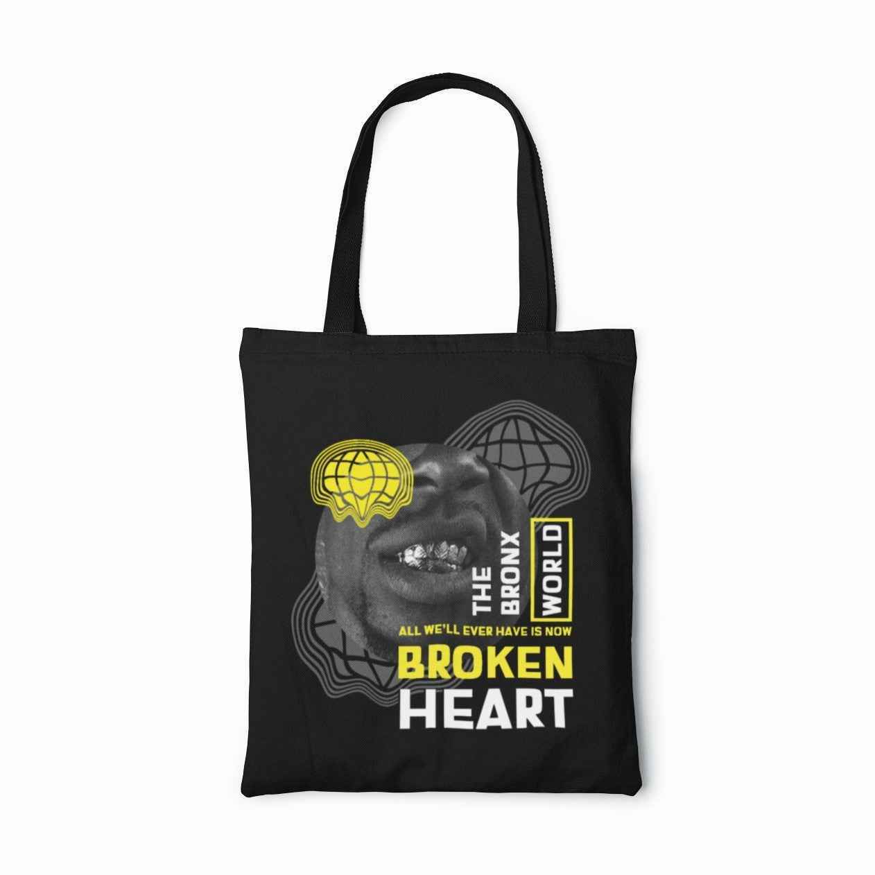 Broken Hearts Reusable Canvas Tote Bag, Black with Yellow and White Print