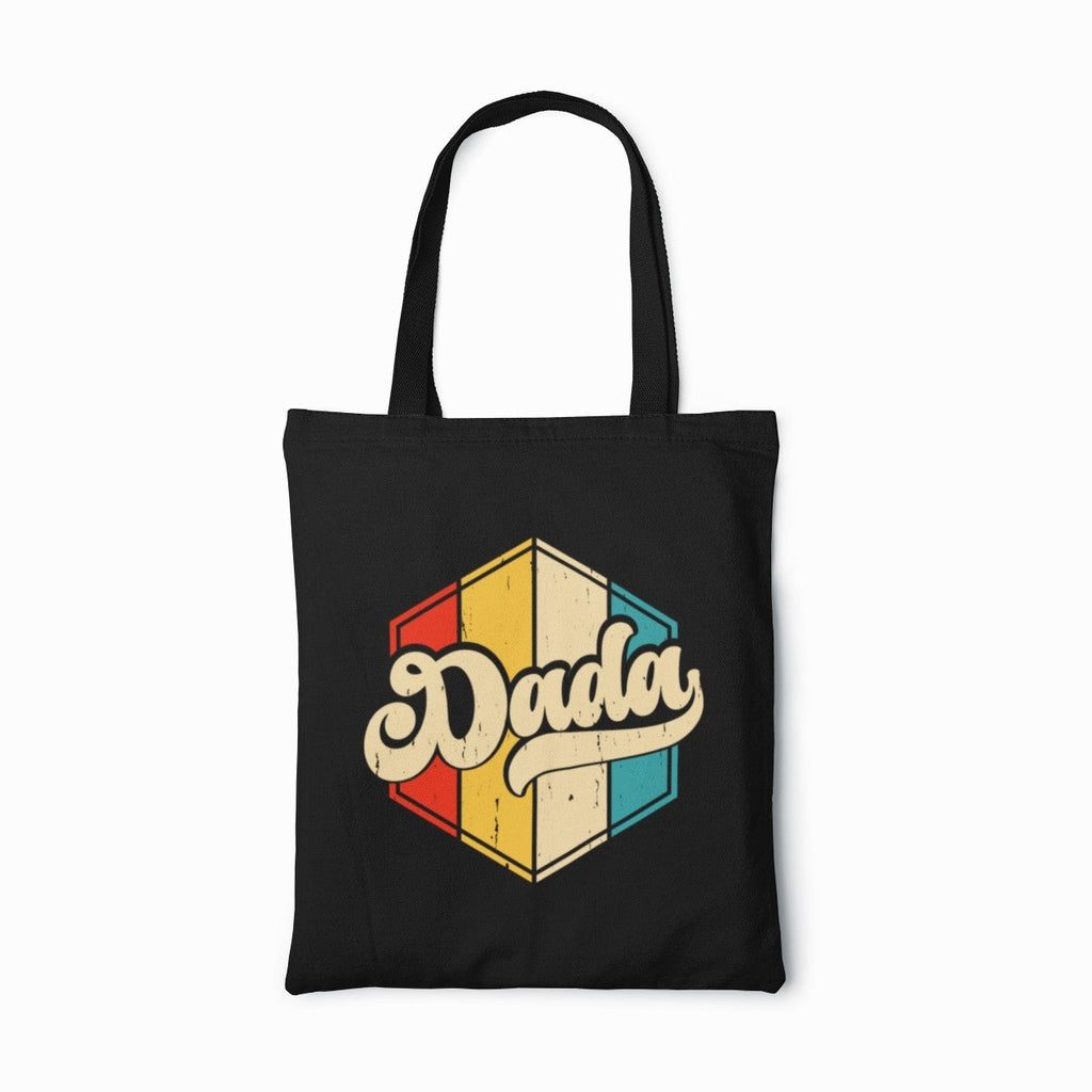 Black tote bag with 'Dada' graphic design on a white background