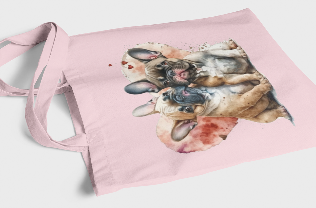 Pink tote bag with a dog design on a white background
