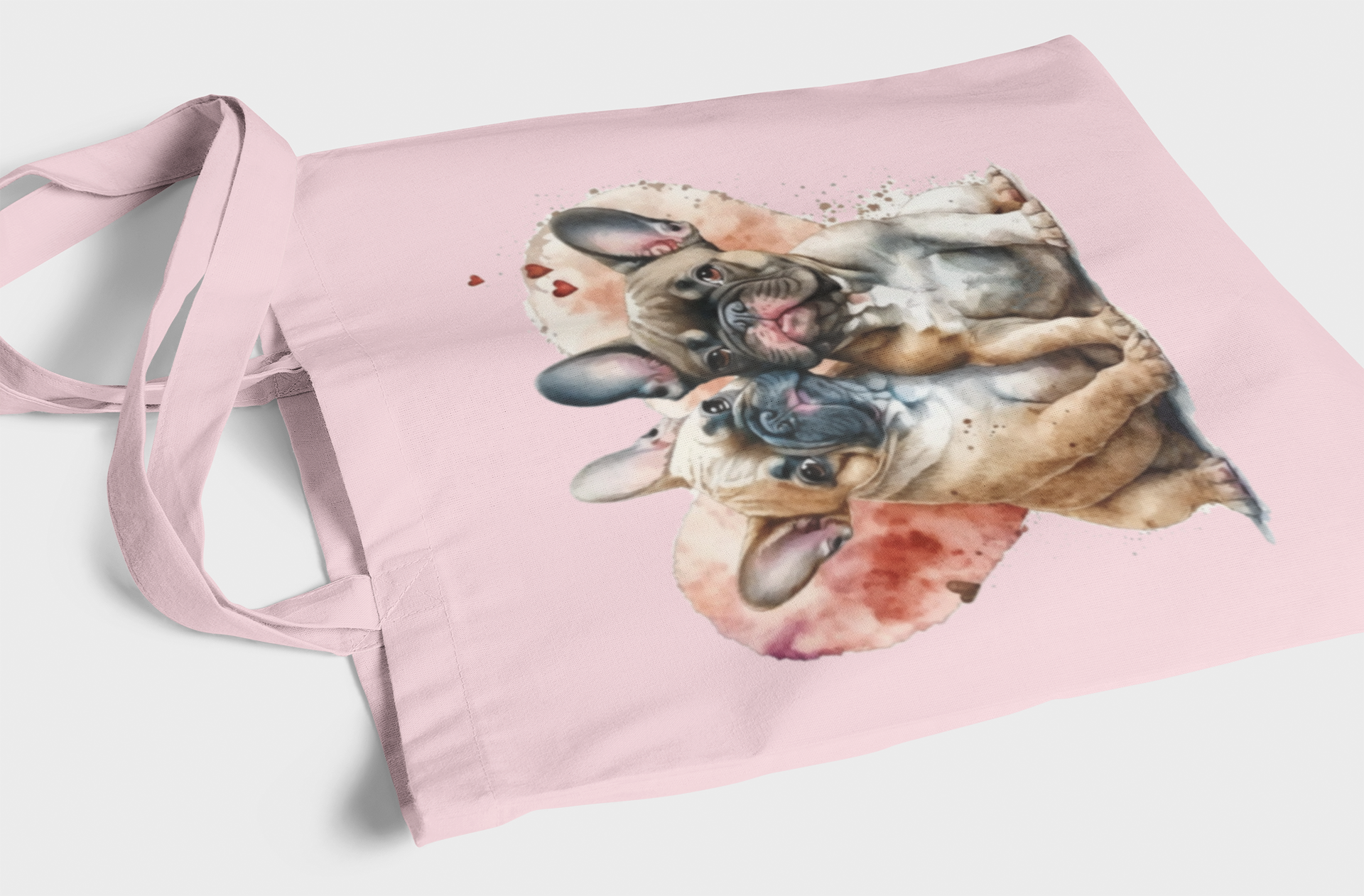 Pink tote bag with a dog design on a white background