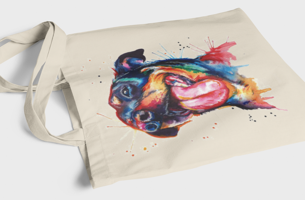 Tote bag with a colorful cat illustration on a white background