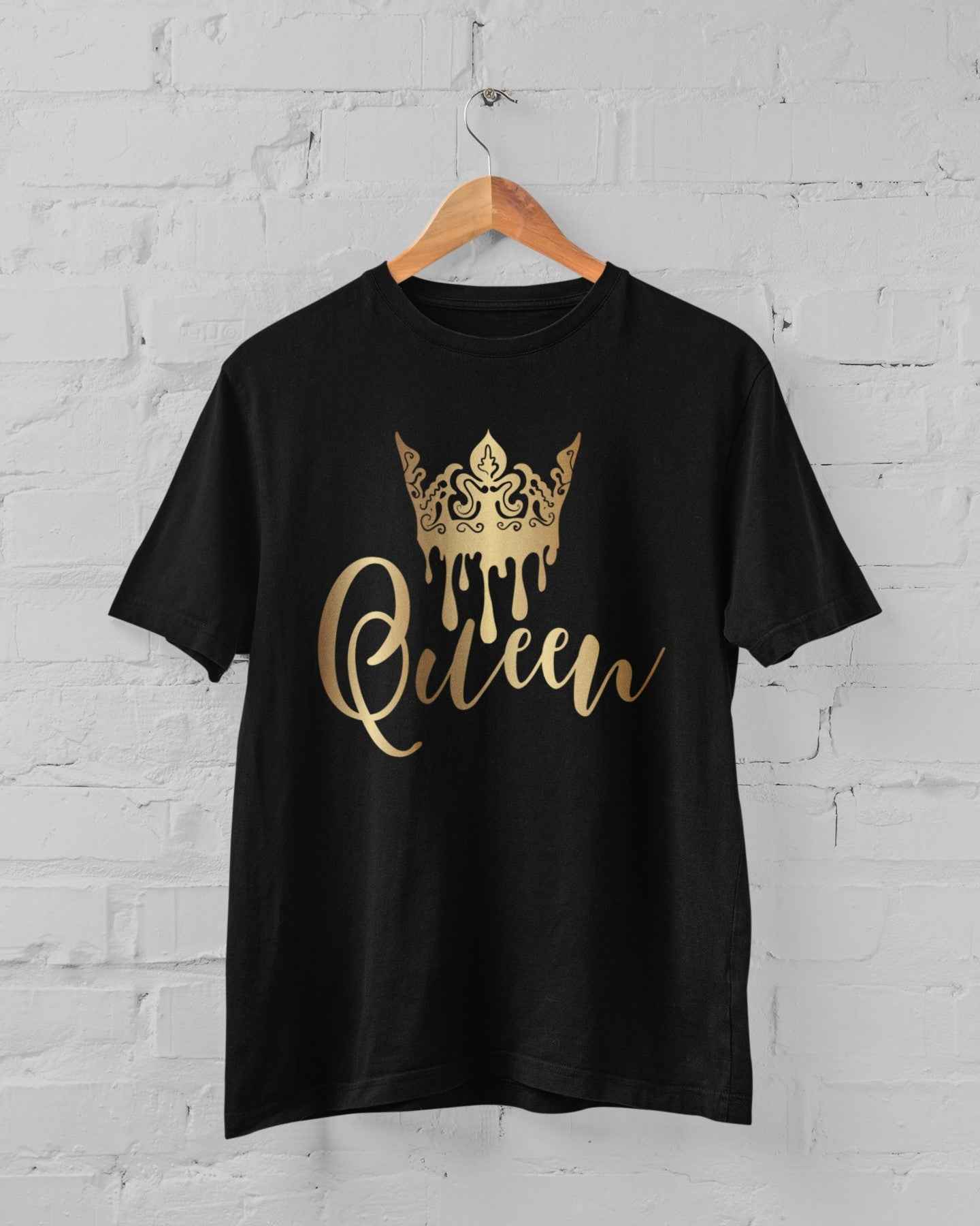 Queen Crown T-Shirt, Gold Metallic Design, Black Cotton