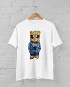 Cool Bear Graphic T-Shirt, White Cotton Tee with Sunglasses Teddy in Blue Outfit, Unisex Fashion Streetwear (US, Alpha, Medium, Regular, Regular)