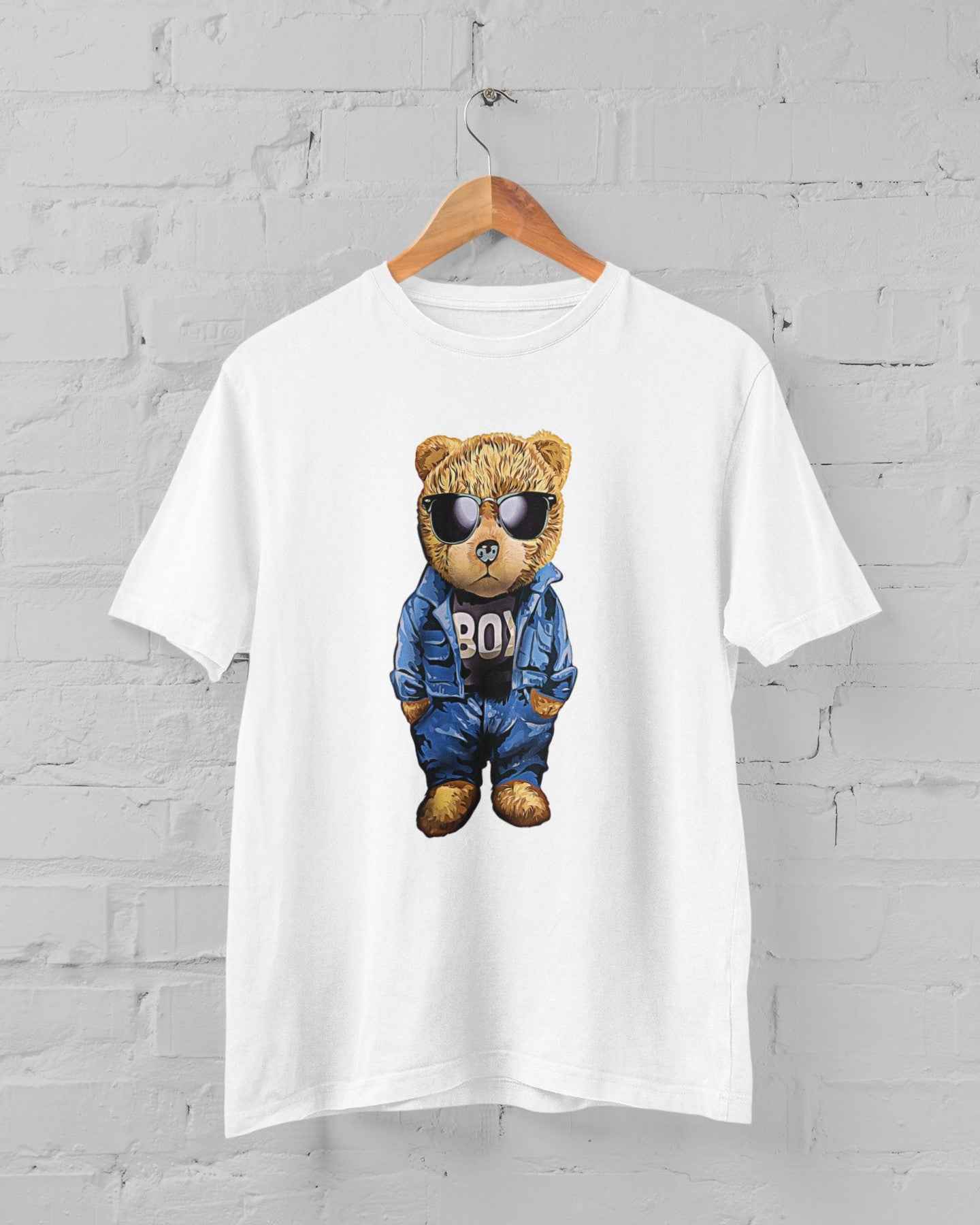 Cool Bear Graphic T-Shirt, White Cotton Tee with Sunglasses Teddy in Blue Outfit, Unisex Fashion Streetwear (US, Alpha, Medium, Regular, Regular)
