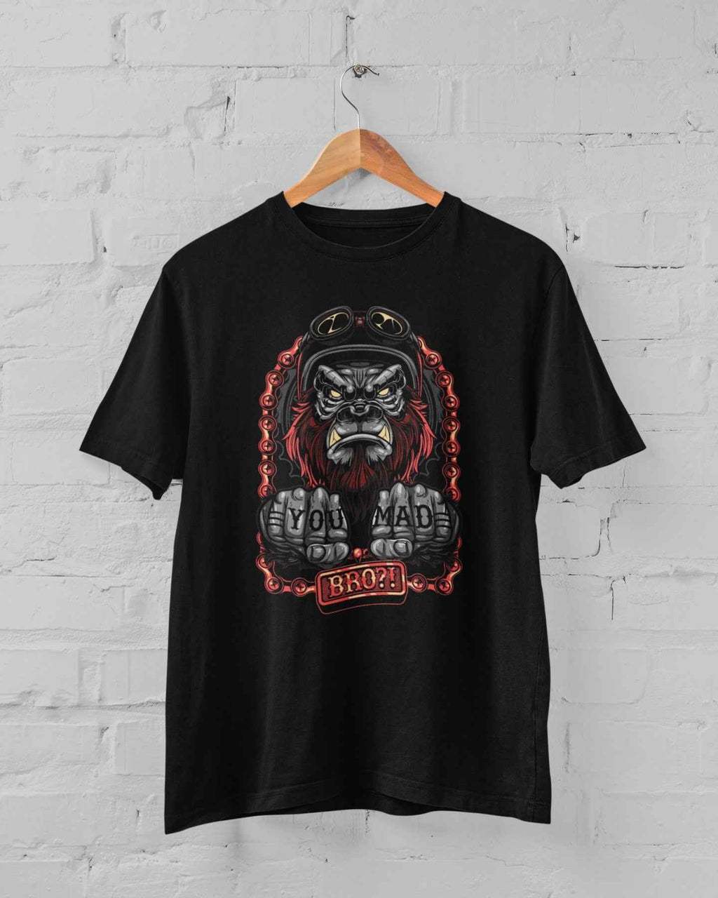 Gorilla Design DTF Transfer, Custom Iron-On Vinyl Graphic, You Mad Bro Motorcycle Rider Art for T-Shirts or Bags