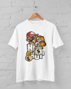 Hustle Teddy Custom Design Graphic Tee, Short Sleeve T-Shirt with Money Bag Character Print