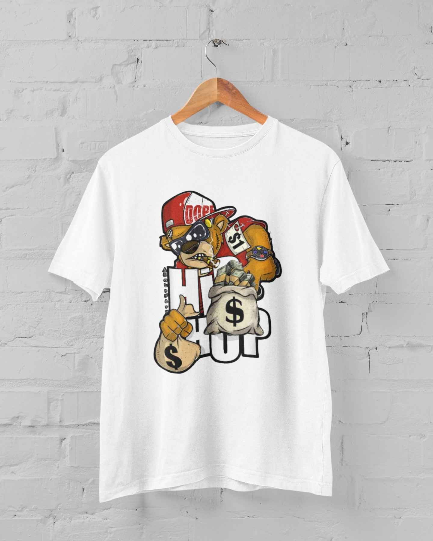 Hustle Teddy Custom Design Graphic Tee, Short Sleeve T-Shirt with Money Bag Character Print