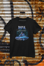 Black t-shirt with graphic design and text 'DONK Lowriders' on a rusty metal background