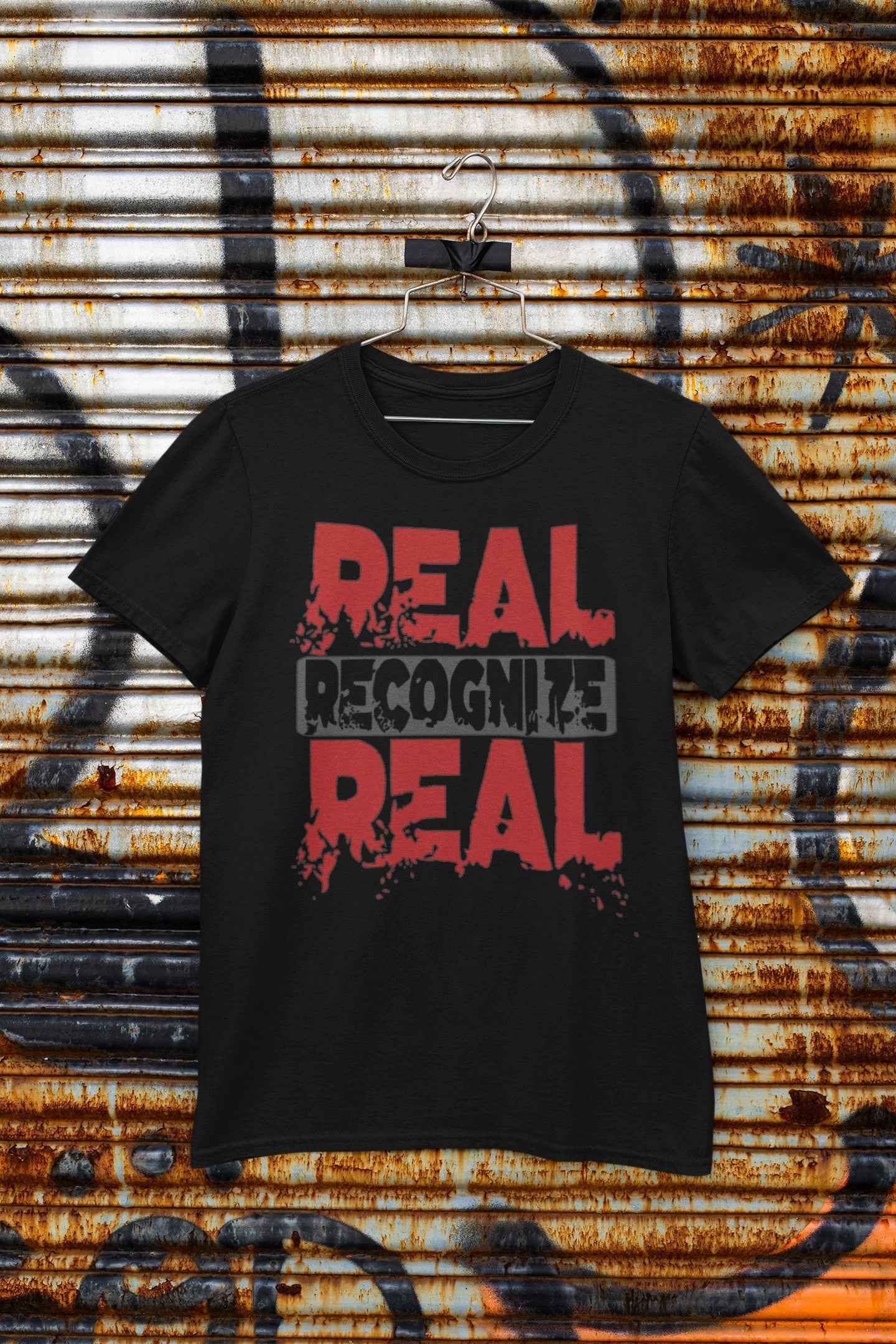 Real Recognize Real Graphic T-Shirt, Black and Red Design, Short Sleeve