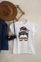 Hungarian Flag Messy Bun Graphic T-Shirt, White Cotton, Sunglasses Design