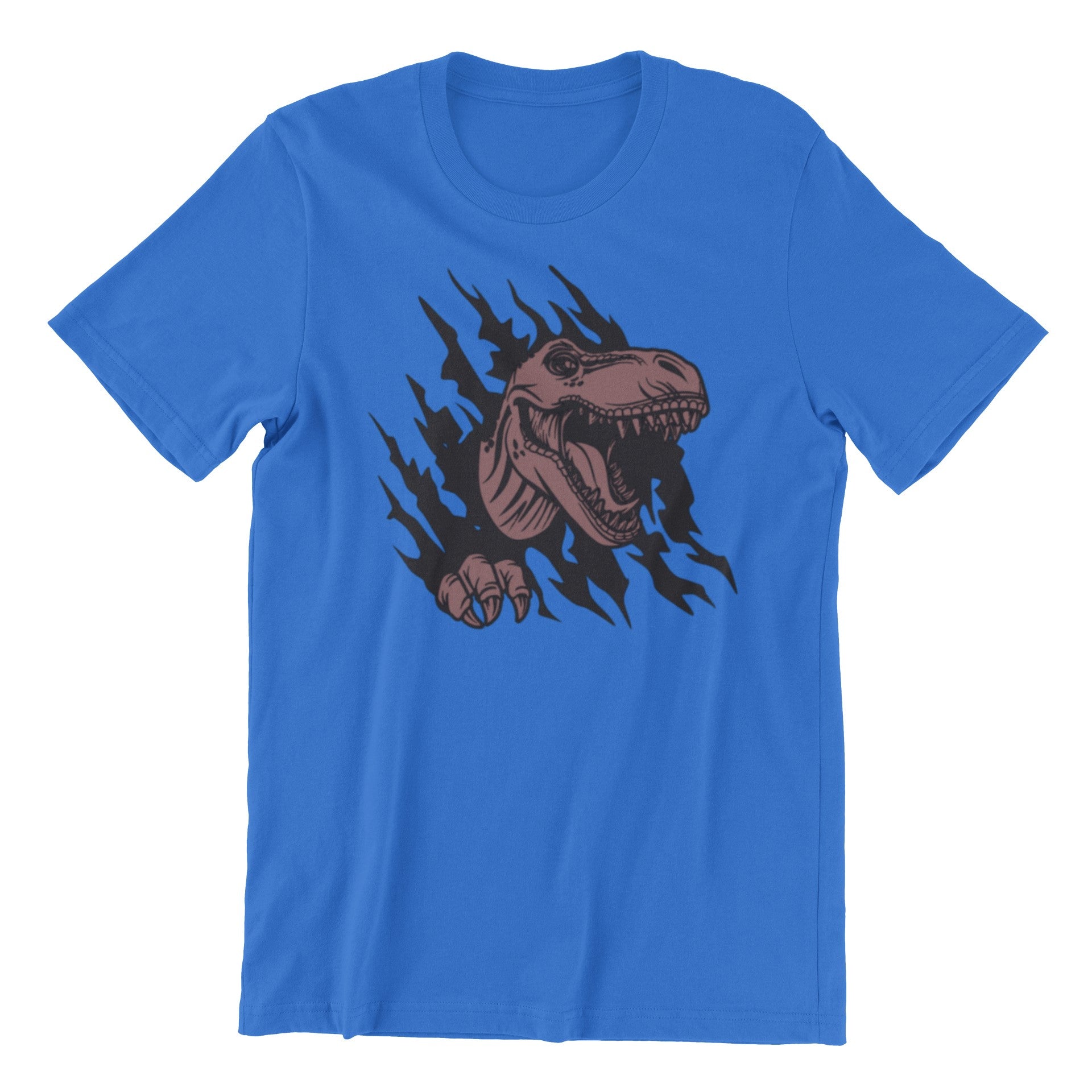 Blue t-shirt with a dinosaur graphic on a white background