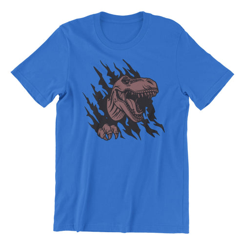 Blue t-shirt with a dinosaur graphic on a white background