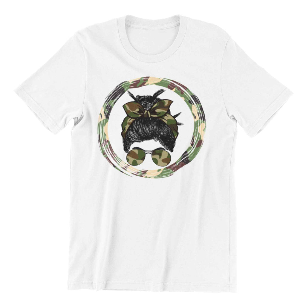 Camouflage Print Messy Bun T-Shirt, Military Style Graphic, White (US, Alpha, Small, Regular, Regular)