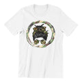 Camouflage Print Messy Bun T-Shirt, Military Style Graphic, White (US, Alpha, Small, Regular, Regular)