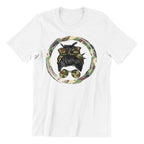 Camouflage Print Messy Bun T-Shirt, Military Style Graphic, White (US, Alpha, Small, Regular, Regular)