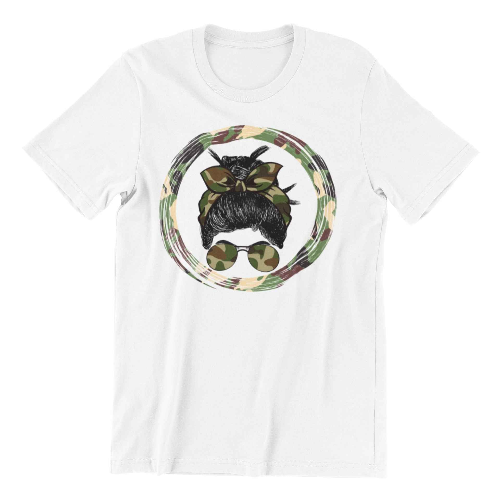 Camouflage Print Messy Bun T-Shirt, Military Style Graphic, White (US, Alpha, Small, Regular, Regular)