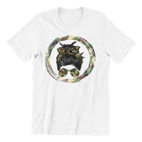 Camouflage Print Messy Bun T-Shirt, Military Style Graphic, White (US, Alpha, Small, Regular, Regular)