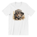 White t-shirt with a graphic of a dachshund wearing a hat on a white background