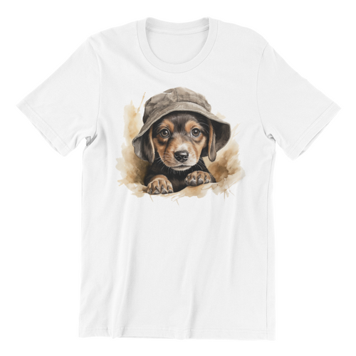 White t-shirt with a graphic of a dachshund wearing a hat on a white background