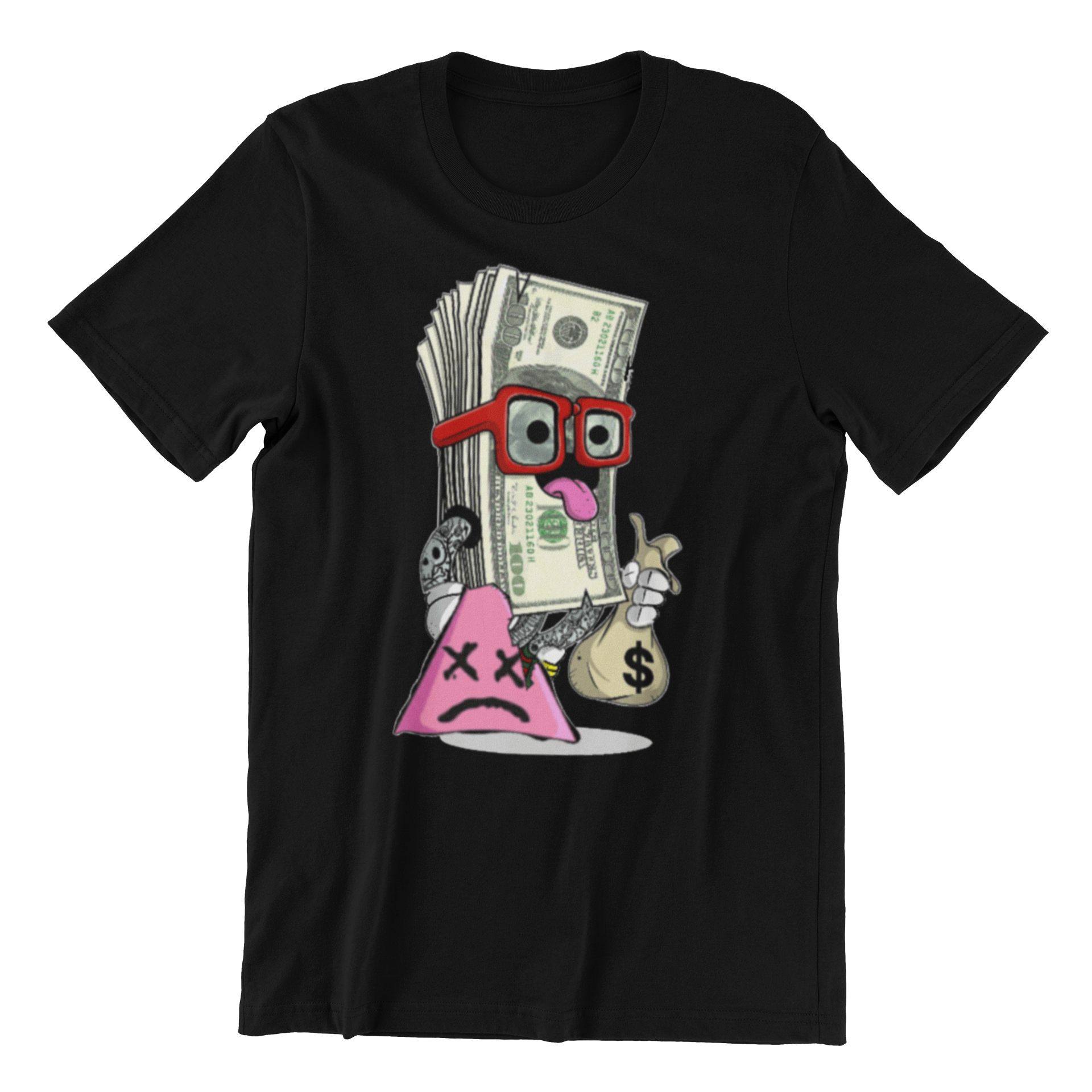 Black t-shirt with a graphic design of money, a cone, and a bag on a white background