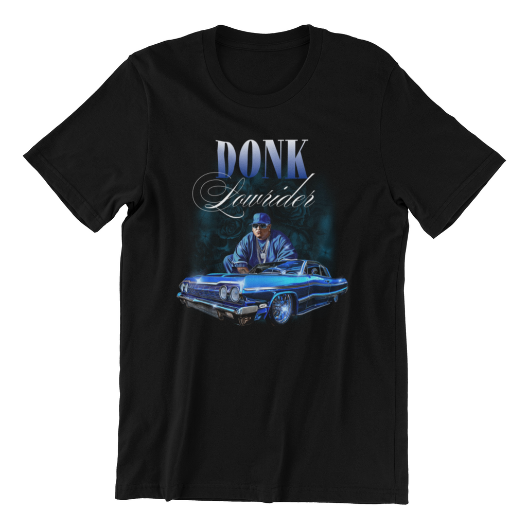 Black t-shirt with 'Donk Lowrider' graphic featuring a car and person on a white background