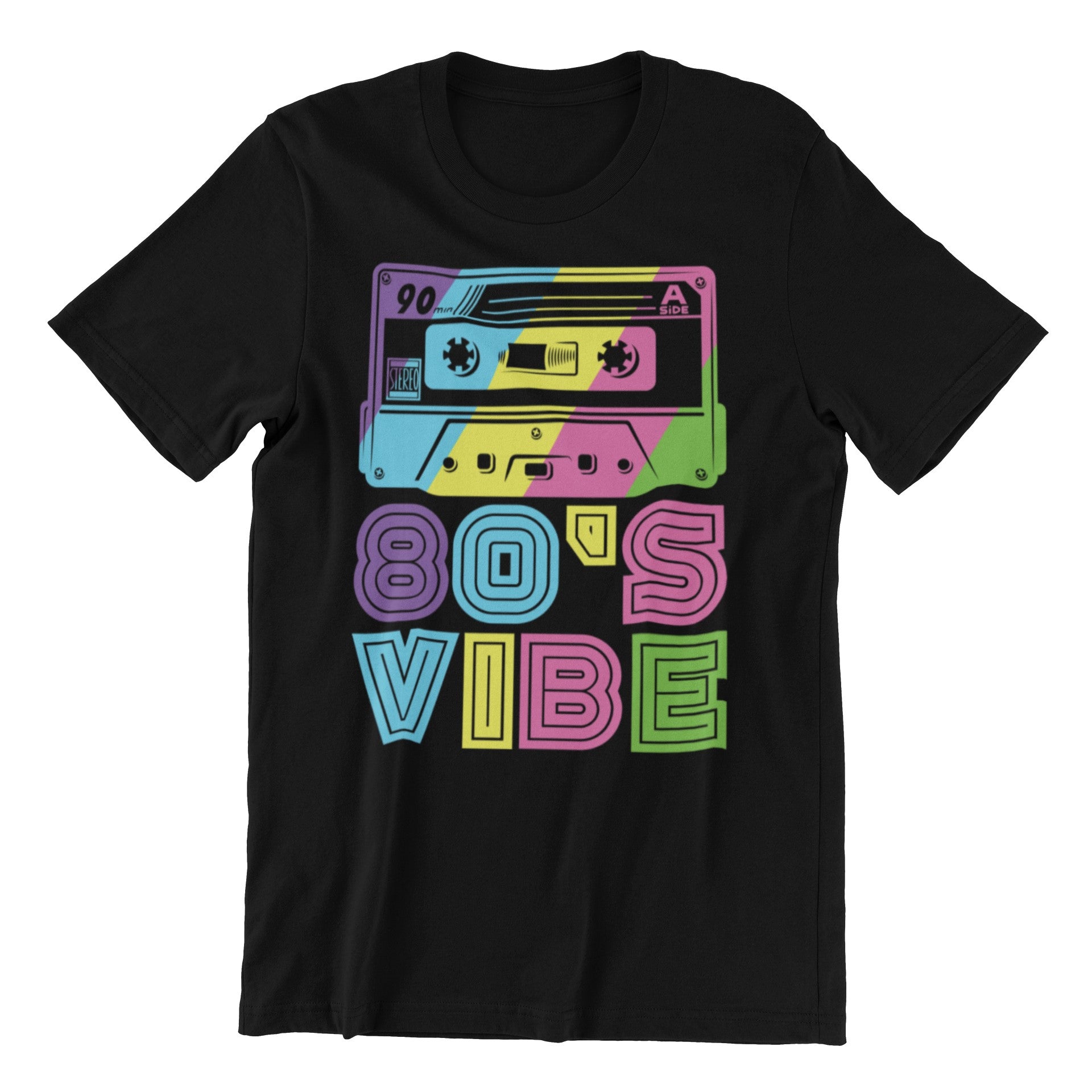 Black t-shirt with a colorful cassette tape design and '80s Vibe' text on a white background
