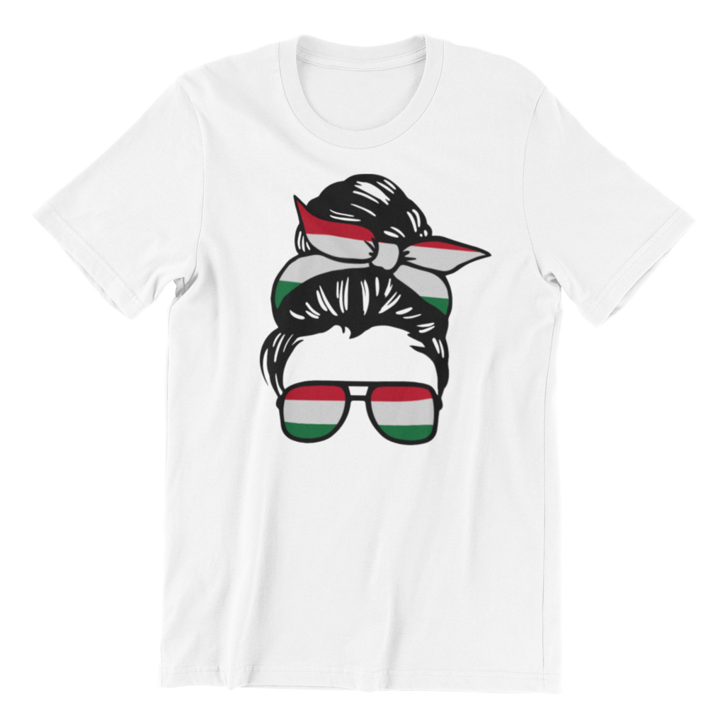 White t-shirt with a graphic of a bun with a flag ribbon and sunglasses on a white background