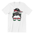 White t-shirt with a graphic of a bun with a flag ribbon and sunglasses on a white background