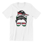 White t-shirt with a graphic of a bun with a flag ribbon and sunglasses on a white background