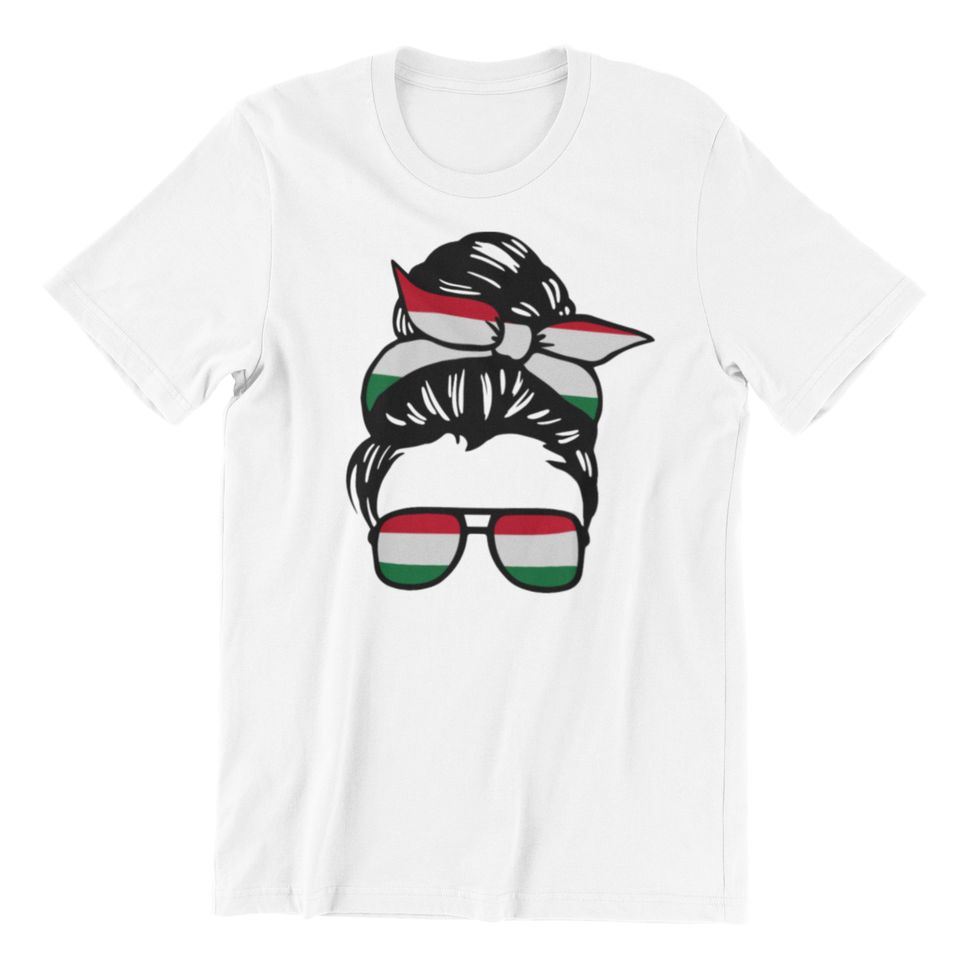 White t-shirt with a graphic of a bun with a flag ribbon and sunglasses on a white background
