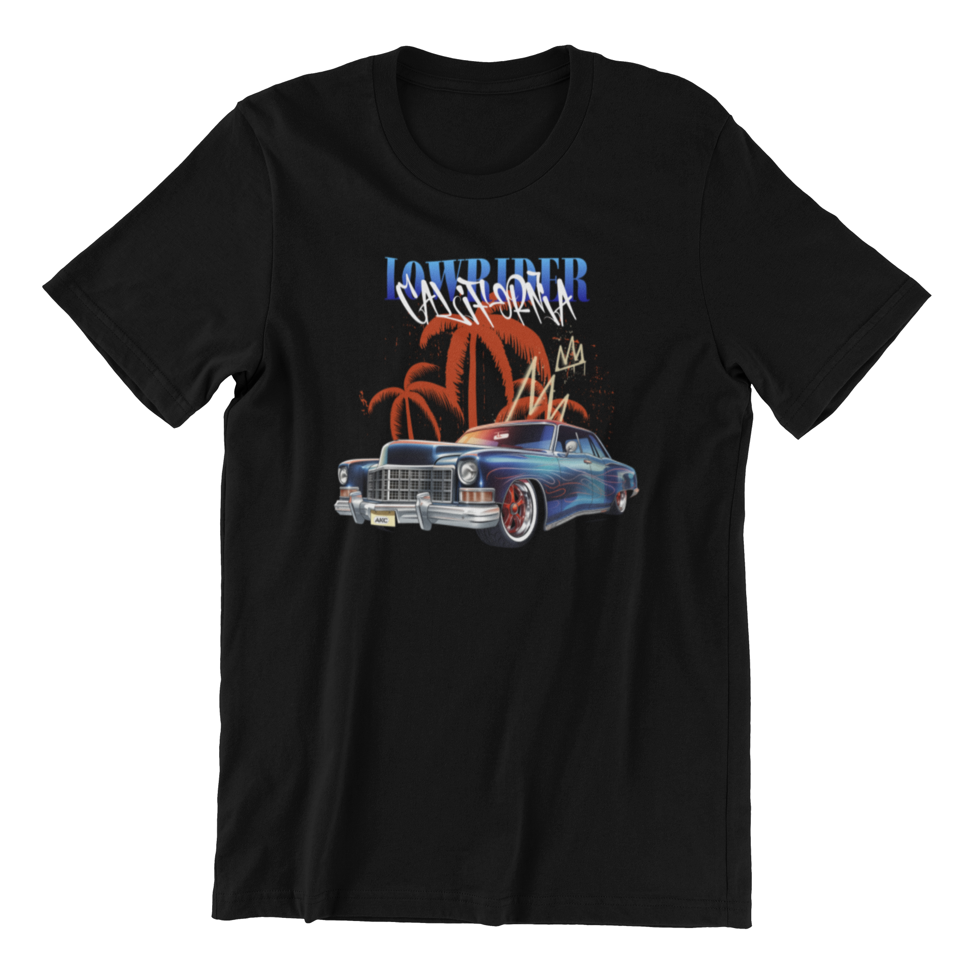 Black t-shirt with a vintage car and palm tree graphic on a white background