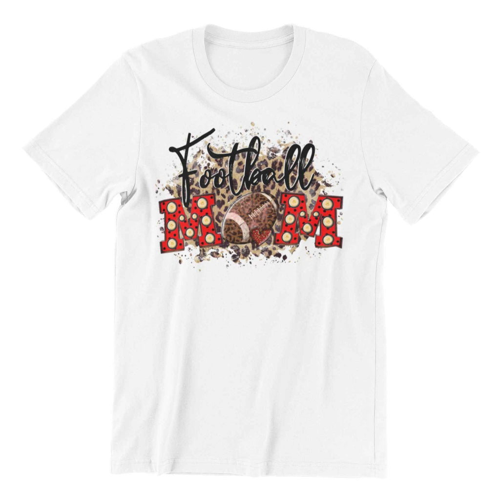 Football Mom T-Shirt, Size L, White Cotton, Polka Dot Design, Leopard Print Accent