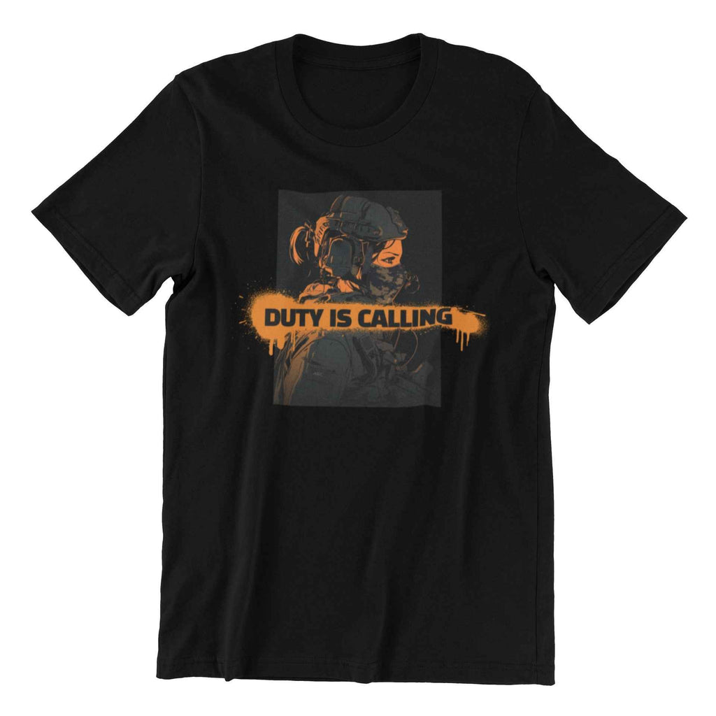 Duty is Calling Graphic T-Shirt Black, Tactical Soldier Design with Orange Print