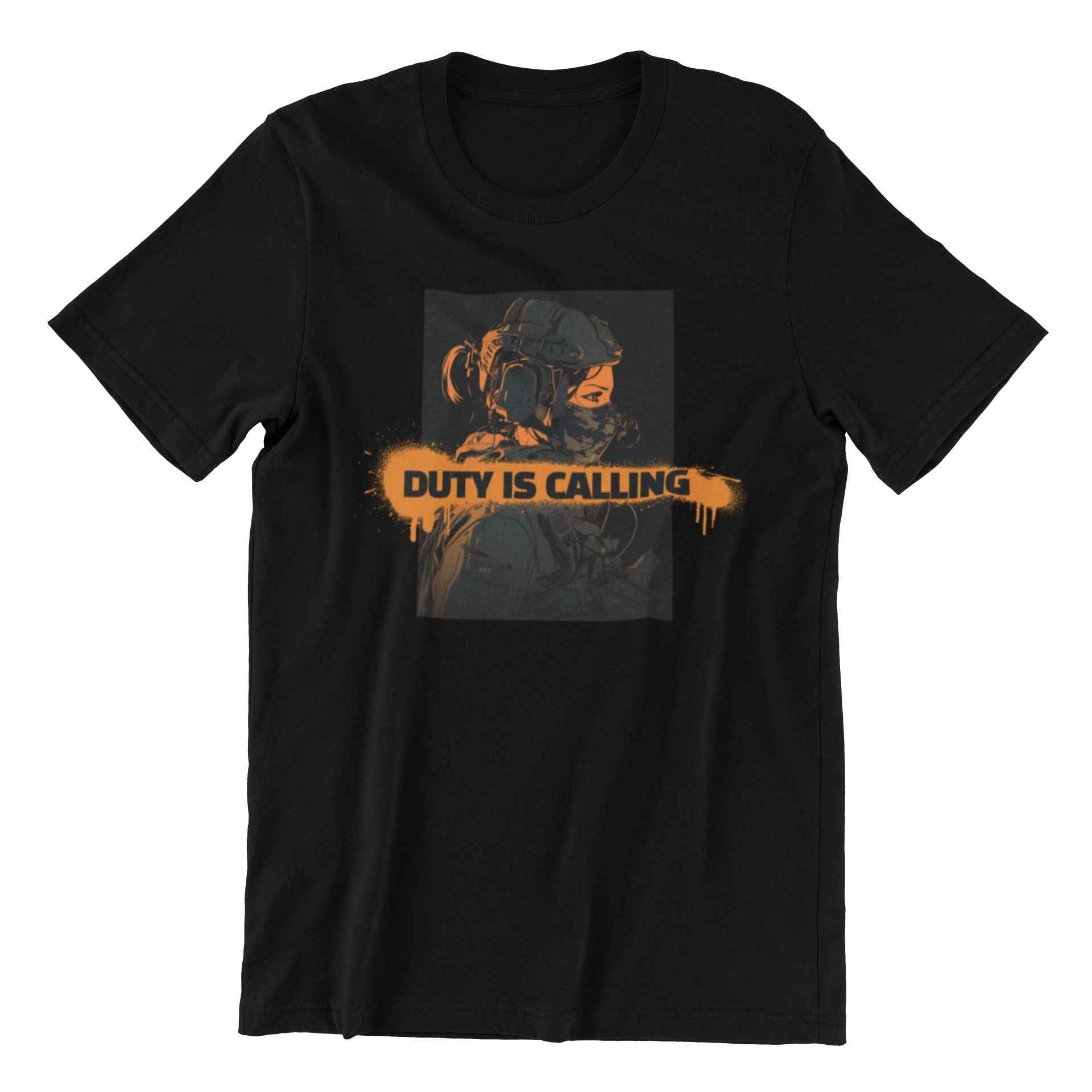 Duty is Calling Graphic T-Shirt Black, Tactical Soldier Design with Orange Print