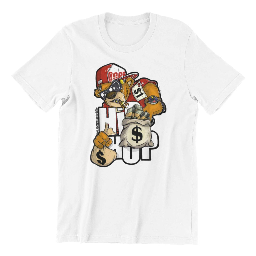 Hustle Teddy Custom Design Graphic Tee, Short Sleeve T-Shirt with Money Bag Character Print