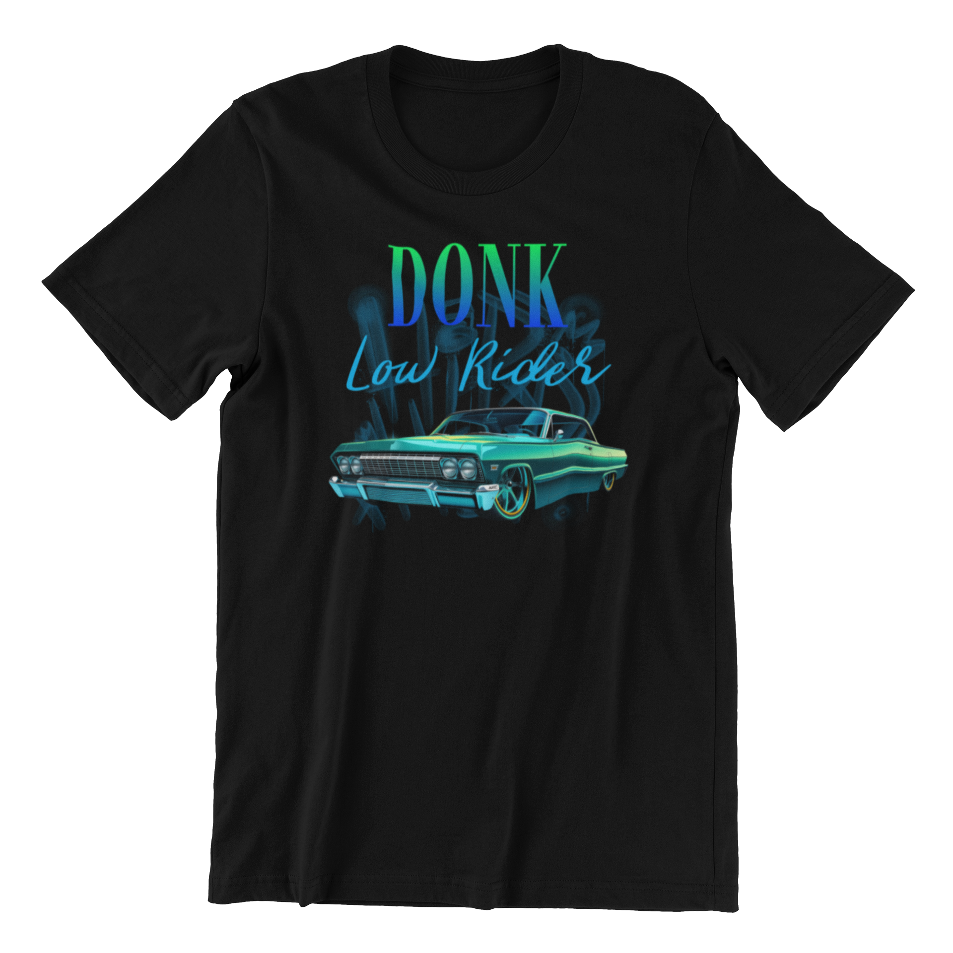 Black t-shirt with a graphic of a low rider car and 'DONK Low Rider' text on a white background