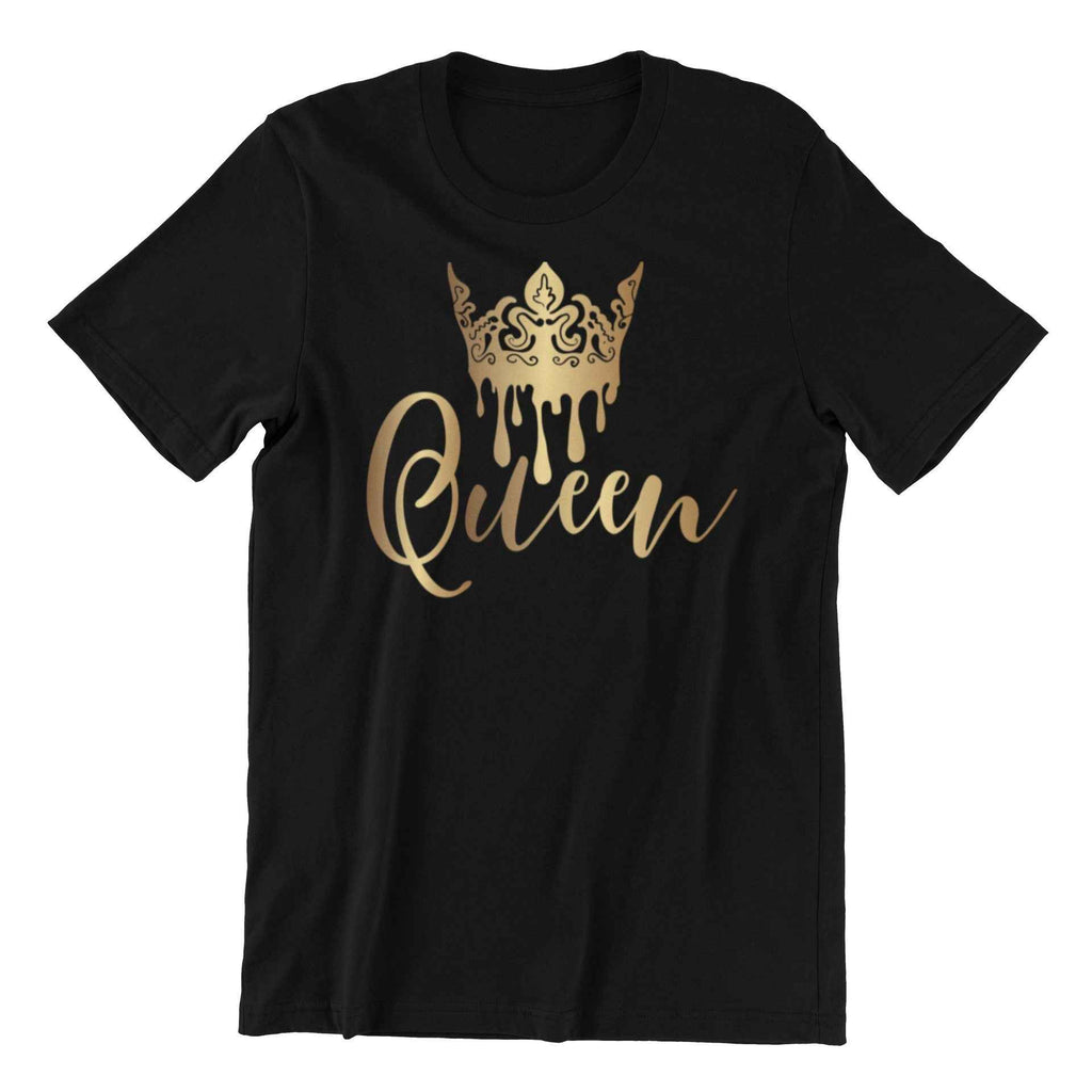 Queen Crown T-Shirt, Gold Metallic Design, Black Cotton