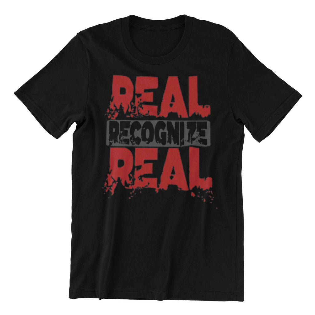 Real Recognize Real Graphic T-Shirt, Black and Red Design, Short Sleeve