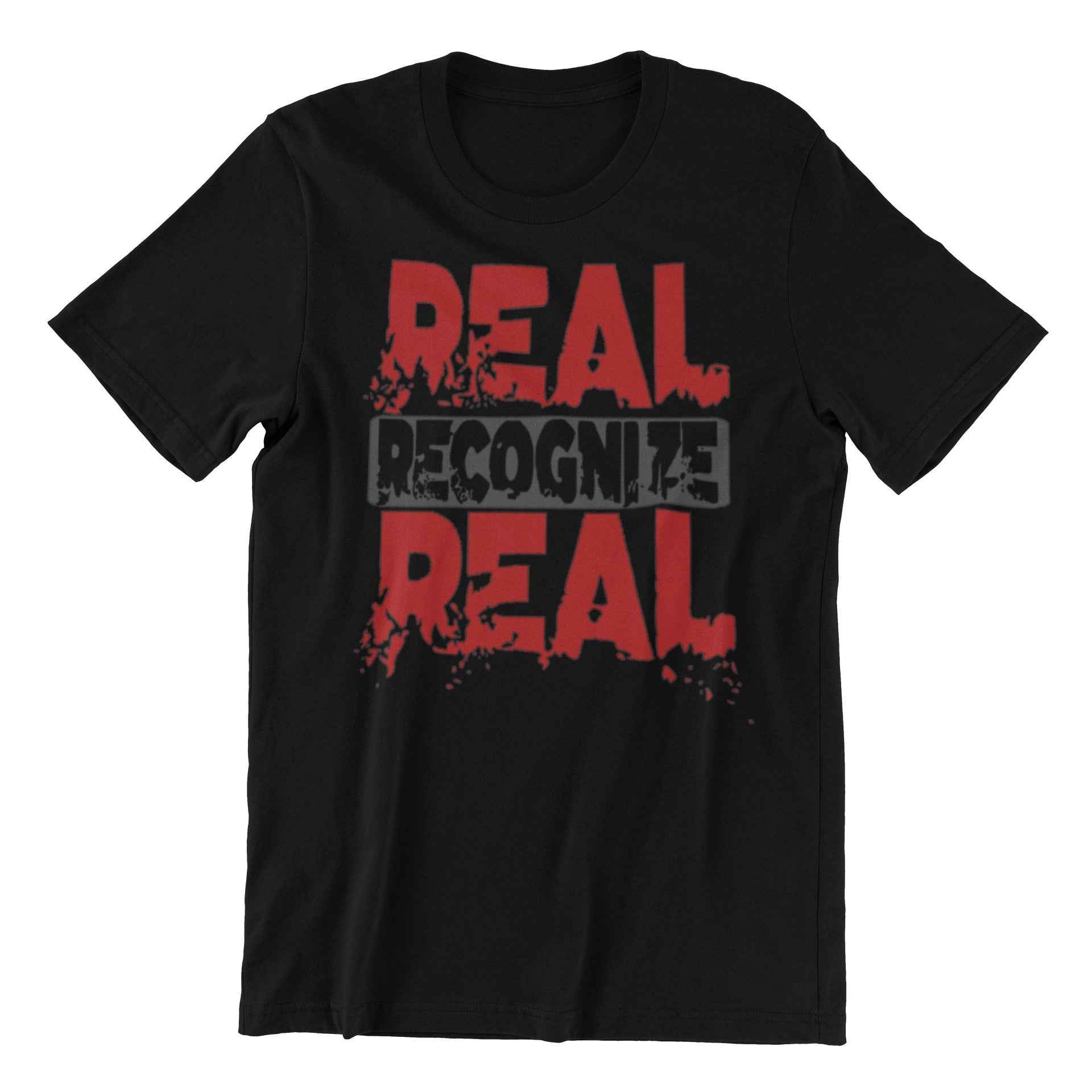 Real Recognize Real Graphic T-Shirt, Black and Red Design, Short Sleeve